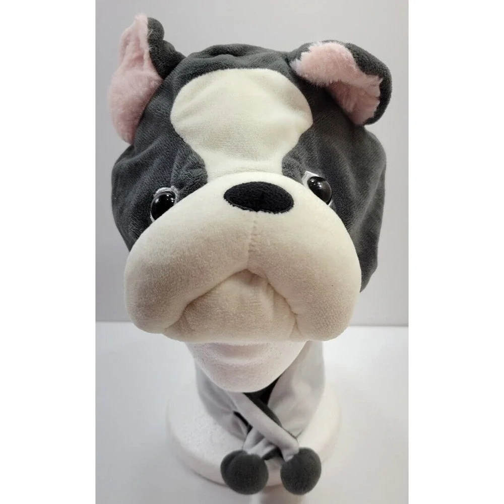 Cute Bulldog Head Beanie Winter hat with chinstrap